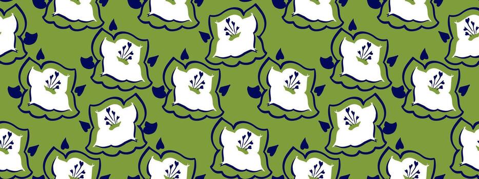 Seamless abstract floral pattern featuring bold flowers with details on a green background. Playful, modern design ideal for textiles, wrapping paper, and decor projects, print vector
