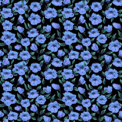 Seamless floral pattern with bright blue blossoms, green leaves, and painterly brush texture on a black background. Template for fabric, packaging, wallpapers, and spring decor
