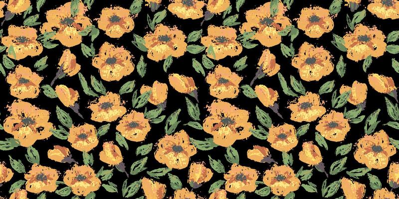 Seamless floral pattern with yellow flowers and green leaves on a black background. Artistic brush stroke style template for textiles, packaging, summer designs