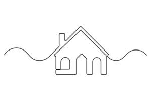 Modern minimalist one line drawing of house with chimney and fence outline vector