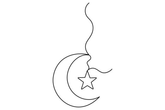 Continuous one line drawing of crescent moon and star in minimal outline style vector