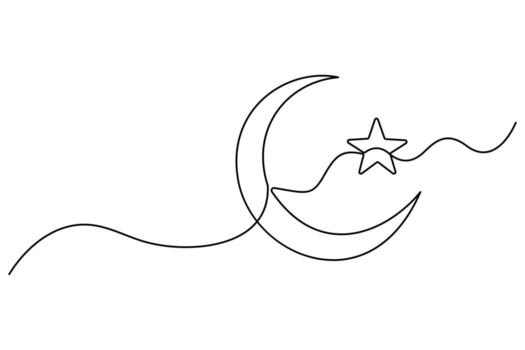 Simple continuous line art of moon and star for space and astronomy designs vector