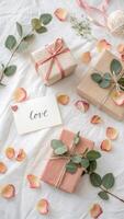 Gift boxes tied with rustic twine, embellished by soft eucalyptus sprigs, scattered rose petals highlighting romantic sentiments photo