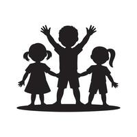 Happy children holding hands, a silhouette of friendship. vector