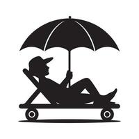 Silhouette of person relaxing under umbrella on a beach chair vector