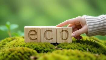 The word ECO in wood resting on the grass. Concept of environment and ecology photo