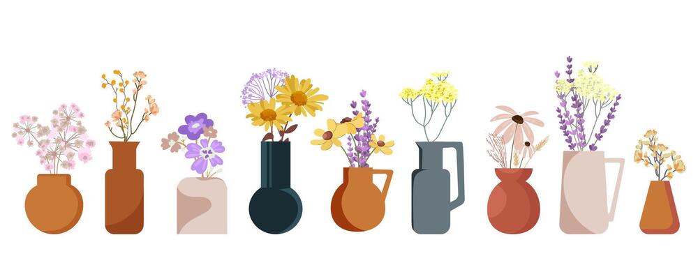 Various decorative vases filled with wildflowers, colorful floral arrangements isolated set.Interior design illustrations, floral themed prints, greeting cards, home decor, social media content