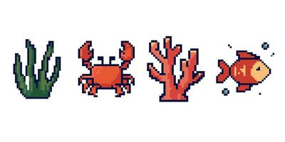 Sea Life Icons set with Crab Fish Coral and Seaweed Pixel Art. Marine life set in retro 8 bit style. Game design app icons digital stickers and underwater themed projects. illustration vector