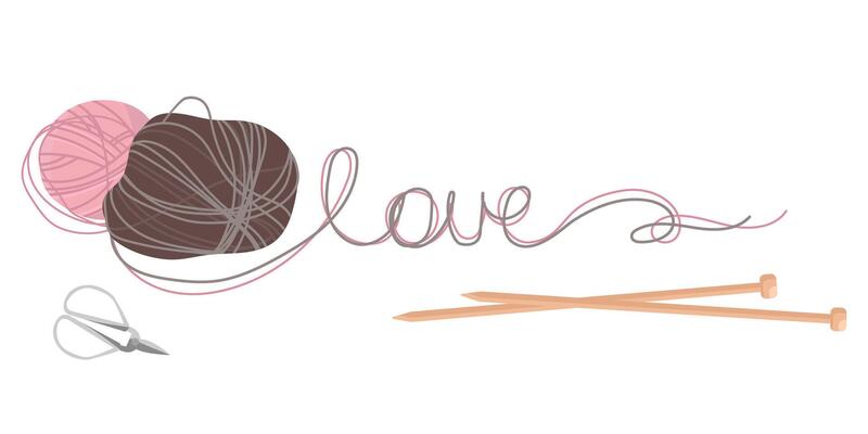 Yarn balls with intertwined threads forming the word love, accompanied by knitting needles. Design element craft blogs, knitting tutorials, handmade shop, creative social media, and DIY project .