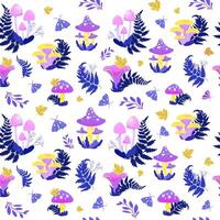 Colorful mushrooms and ferns pattern vector