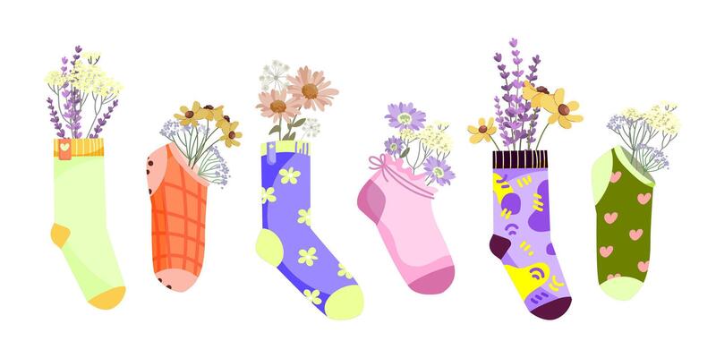 Colorful patterned socks set filled with various wildflowers and floral bouquets. Design element for greeting cards, DIY craft, spring and summer designs, social media.Cute Socks illustration