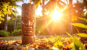 Ancient Tiki Guardian Illuminated by a Radiant Tropical Sunburst photo