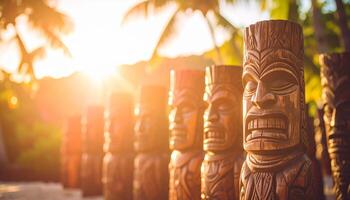 Row of Carved Tiki Guardians Illuminated by a Golden Tropical Sunset photo