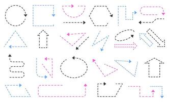 Dash line arrows. Dotted sketchy direction arrow marks, simple curved straight arrowed pointers and dynamic movement signs. dashed arrows isolated set vector