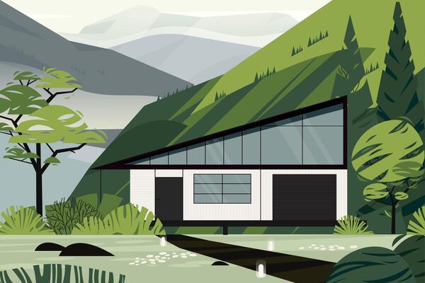 Modern house featuring large windows and sloped roof nestled in picturesque mountain valley, surrounded by lush greenery. Flat illustration