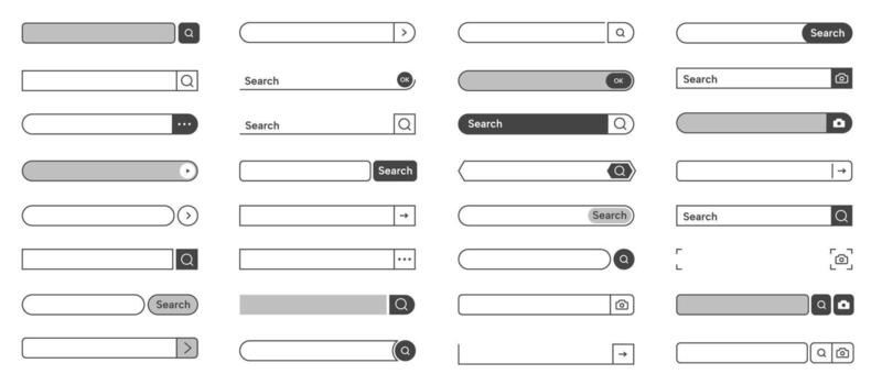 buscar bar ui web interfaz con entrada campo y buscar botón, cursor puntero y hacer clic flecha iconos Internet buscar motor interfaz elementos colección vector