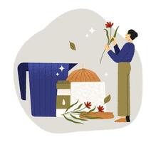 Person arranging flowers and decor items vector