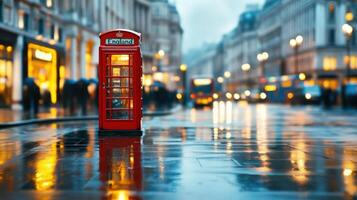 Red telephone booth stands on rain slicked London street at dusk, reflecting warm glow of city lights photo