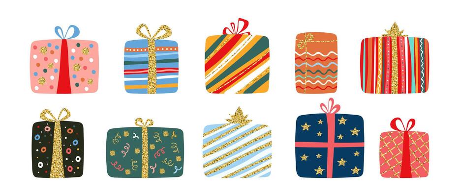 Set of bright shiny creative gift boxes with ribbon and bow. Present for birthday, Christmas, New Year, holiday or celebration.