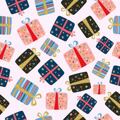 Seamless pattern with gift boxes with shiny texture and patterns for the holiday. Background for wrapping paper and greeting cards.