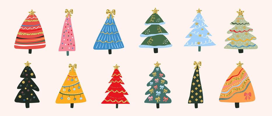 Collection of festive Christmas creative trees with golden glitter. Concept of festive design for greeting cards and banners.