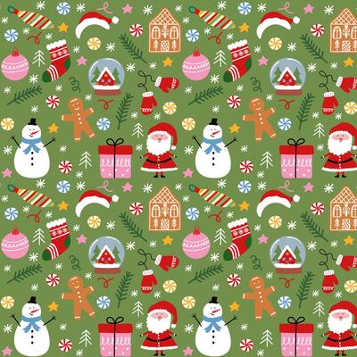 Christmas seamless pattern with santa, snowman, gifts and fir trees on green background. Festive winter design.