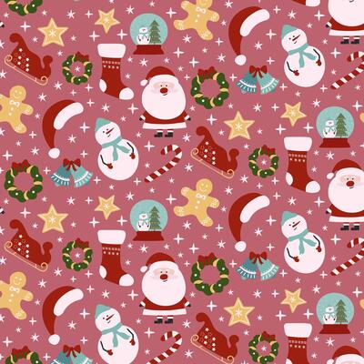 Christmas festive pattern with Santa Claus, snowman, gingerbread man, stars and stocking on dark pink background.