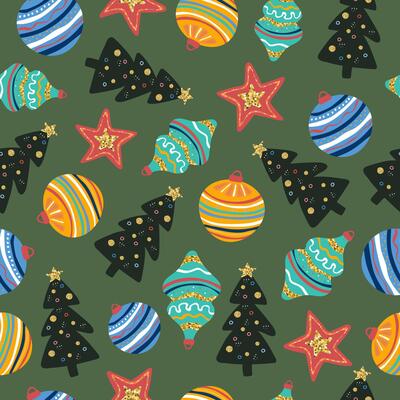 Christmas seamless pattern on dark green background. Holiday decoration with fir tree and Christmas tree balls. Shiny design for holiday background.