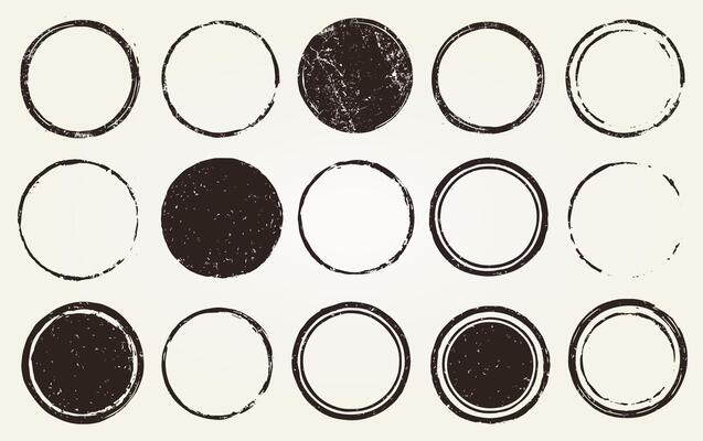 Retro Grunge circle stamps frames icon shape set. Black round empty stamp border pack. Blank Stamp template grunge ink rubber labels collection. image Isolated on white background.