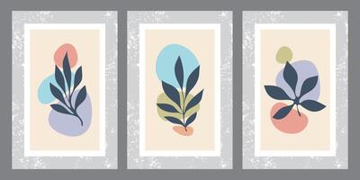 A collection of contemporary art posters in pastel colors. Abstract paper cutouts with geometric elements and strokes, leaves, and dots vintage. Great designs for social media, postcards, and print. vector
