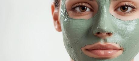 Close-up of woman wearing green clay mask, relaxing with eyes closed and experiencing skincare treatment, embodying wellness and beauty ritual in tranquil spa setting photo