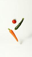 Vibrant multicolored vegetables suspended above clean white surface, highlighting fresh organic produce with minimalist culinary styling photo