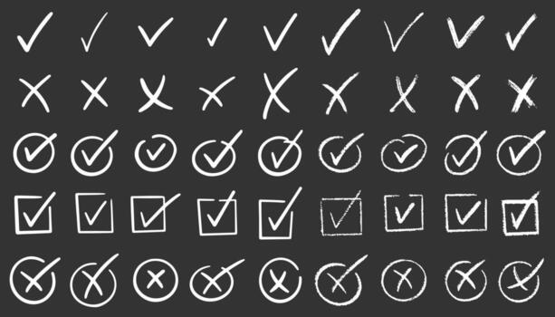 Check marks doodle set. Vote, yes, no, checkbox, checklist, tick and cross signs, v and x drawn concept. Hand drawn chalkboard doodle sketch style illustration vector