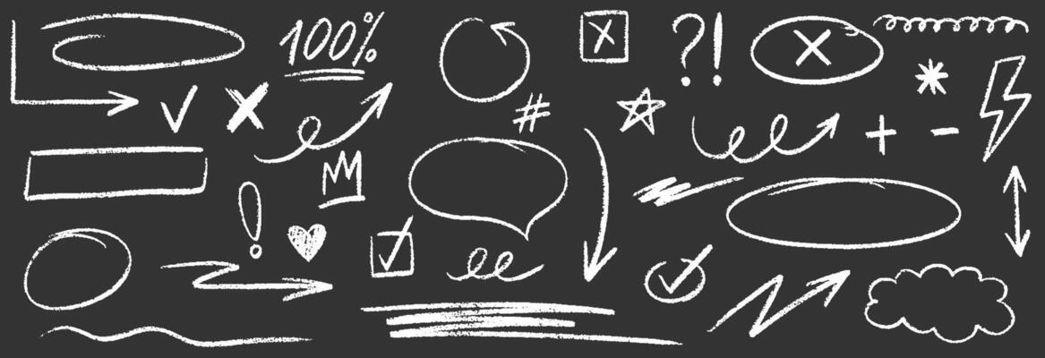 Hand drawn pencil text underline, oval, chalked arrows, check marks. Doodle charcoal stroke emphases, arrow, highlight, speech bubble elements. Marker, pen brush stroke., illustration