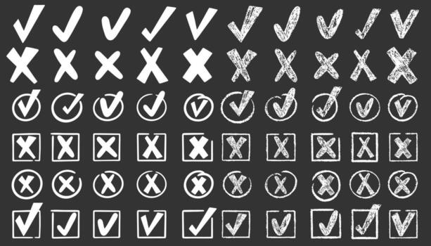 Check marks doodle set. Vote, yes, no, checkbox, checklist, tick and cross signs, v and x drawn concept. Hand drawn doodle sketch style chalkboard illustration vector