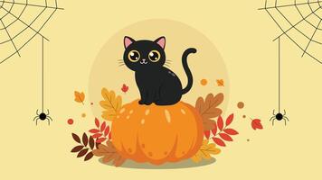 Halloween-themed illustration of a black cat sitting on a pumpkin, surrounded by autumn leaves and spider webs, in a cute cartoon style. vector