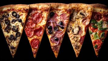 Five appetizing pizza slices with different gourmet toppings. Perfect for a feast. photo