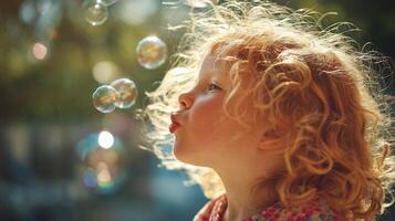 A happy little girl with curly red hair blowing soap bubbles outside. photo