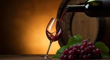 Red wine pours from bottle into glass, with grapes and barrel. photo