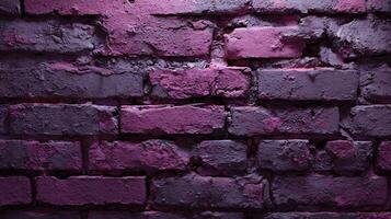 Close-up of an old, rough brick wall with peeling purple paint, textured surface. photo
