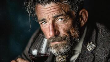 Portrait of a mature man in deep contemplation, holding a glass of red wine. photo
