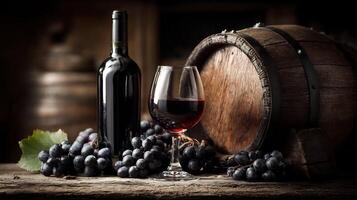Red wine bottle and grapes on wooden table photo