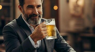 Cheerful bearded man in a suit, enjoying a refreshing beer. photo