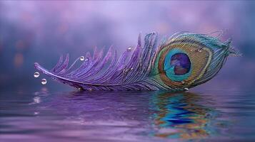 Vibrant peacock feather on water with reflections and droplets. photo