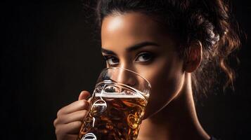 Woman drinking beer from a mug photo
