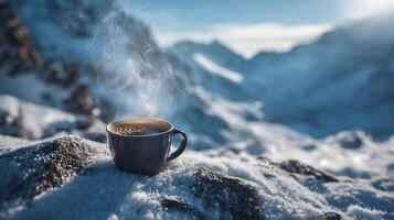 Steaming mug of coffee rests on snow-covered rocks, clear mountain backdrop. photo