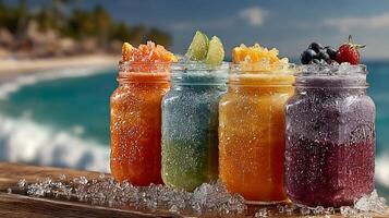 Vibrant, ice-cold fruit drinks in mason jars, perfect for a sunny beach day. photo