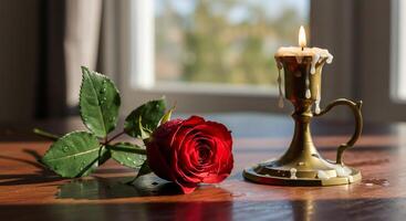 Red rose and lit candle on a wooden table, creating a romantic, vintage ambiance. photo