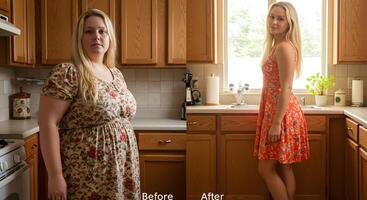 Weight loss progress. Insane progress. A woman before and after weight loss in same location. photo