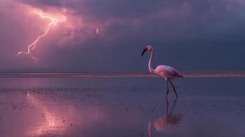Flamingo walking in twilight with lightning photo